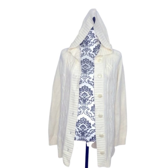 Cream Cable Knit Button Down Sweater With Hood - Picture 4 of 5